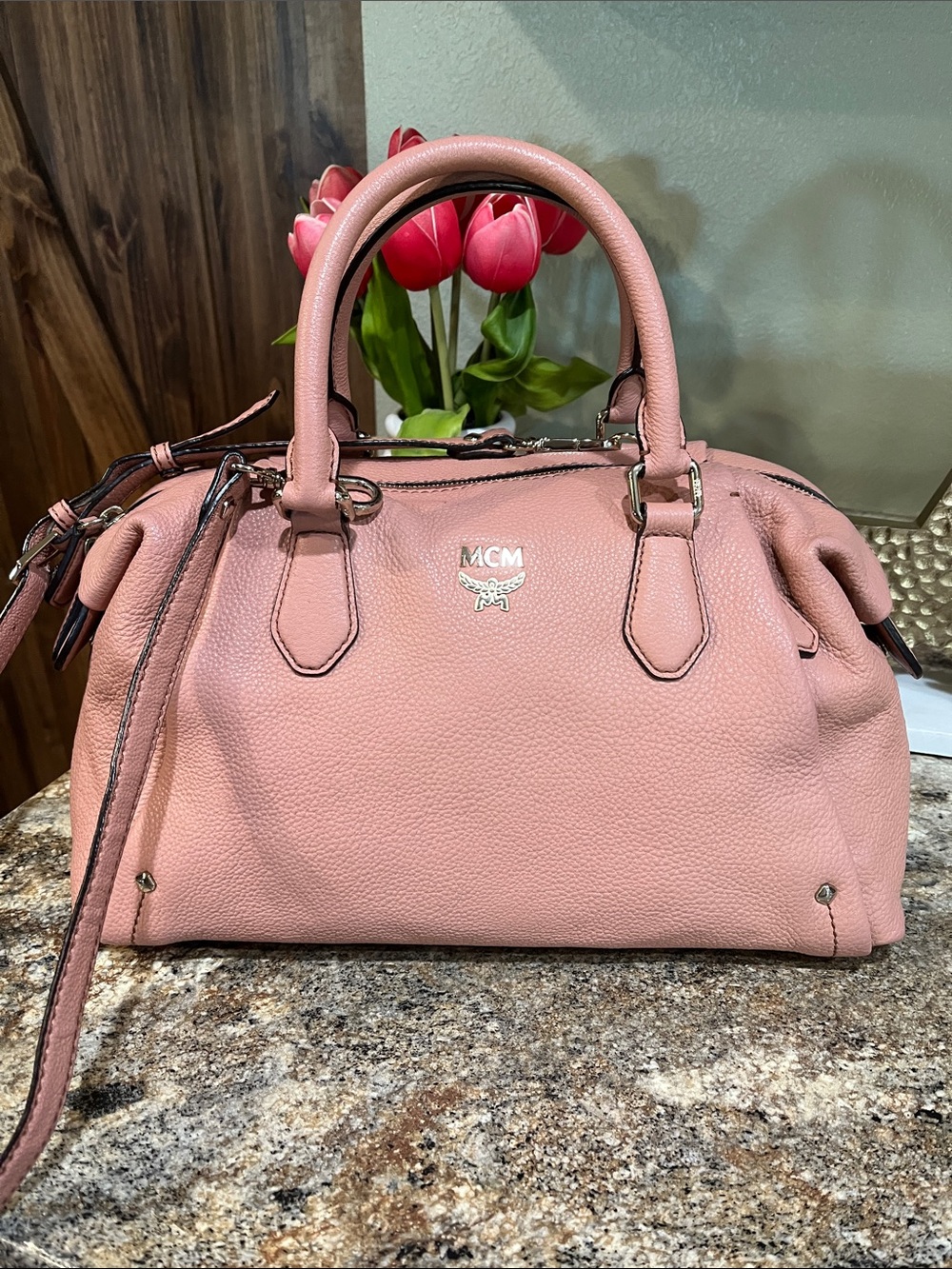 MCM Pink Leather Top-Handle Satchel with Shoulder Strap